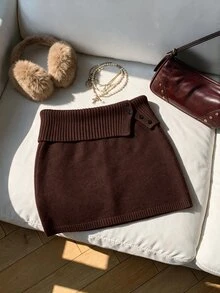 Comfortcana Plus Size Autumn/Winter Vintage Bodycon American Hot Girl Style Ultra Short Brown Knit Skirt - Brown - View 2