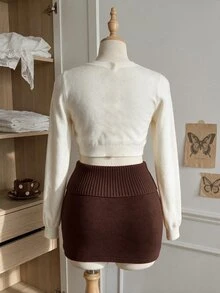 Comfortcana Plus Size Autumn/Winter Vintage Bodycon American Hot Girl Style Ultra Short Brown Knit Skirt - Brown - View 3