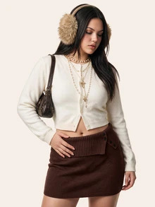 Comfortcana Plus Size Autumn/Winter Vintage Bodycon American Hot Girl Style Ultra Short Brown Knit Skirt - Brown - View 6