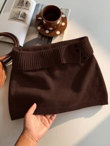 Comfortcana Plus Size Autumn/Winter Vintage Bodycon American Hot Girl Style Ultra Short Brown Knit Skirt - Brown - View 9