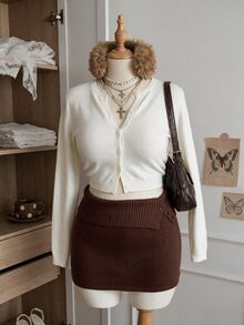 Comfortcana Plus Size Autumn/Winter Vintage Bodycon American Hot Girl Style Ultra Short Brown Knit Skirt - Brown - View 5