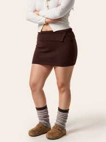 Comfortcana Plus Size Autumn/Winter Vintage Bodycon American Hot Girl Style Ultra Short Brown Knit Skirt - Brown - View 8