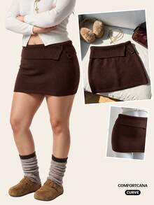 Comfortcana Plus Size Autumn/Winter Vintage Bodycon American Hot Girl Style Ultra Short Brown Knit Skirt - Brown - View 4