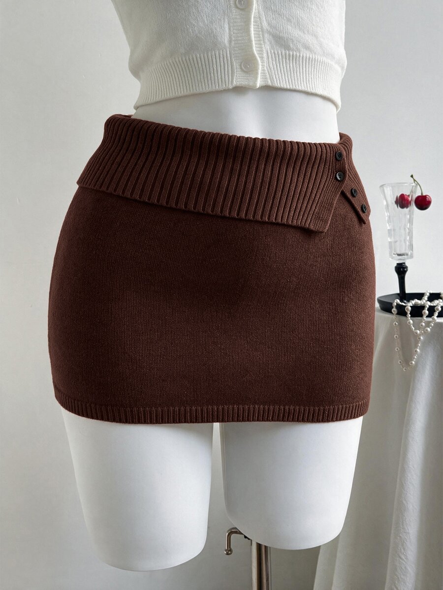 Comfortcana Plus Size Autumn/Winter Vintage Bodycon American Hot Girl Style Ultra Short Brown Knit Skirt - Brown - View 1