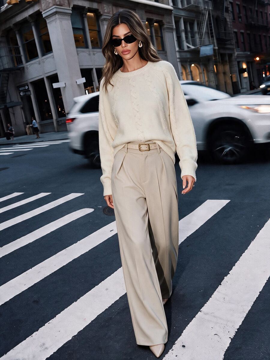 Anewsta Pearl Decor Crew Neck Knit Sweater, Raglan Long Sleeve Loose Pullover, Vintage Elegant Women Knit Top For Fall Winter Daily Outing - Apricot - View 1