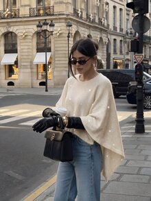 Penseblé Women's Relaxed Asymmetrical Round Neck Knit Cape Sweater - Apricot - View 7