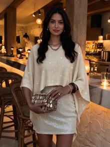 Penseblé Women's Relaxed Asymmetrical Round Neck Knit Cape Sweater - Apricot - View 1