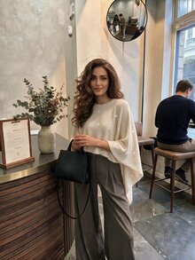Penseblé Women's Relaxed Asymmetrical Round Neck Knit Cape Sweater - Apricot - View 3