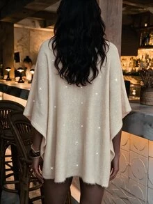 Penseblé Women's Relaxed Asymmetrical Round Neck Knit Cape Sweater - Apricot - View 2