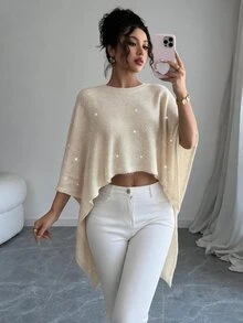 Penseblé Women's Relaxed Asymmetrical Round Neck Knit Cape Sweater - Apricot - View 6