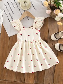 SHEIN LMoss Kids Babygirl Cute Colorblock Bow Print Flutter Sleeve Dress, Summer - Red - View 3