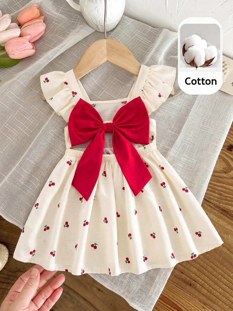 SHEIN LMoss Kids Babygirl Cute Colorblock Bow Print Flutter Sleeve Dress, Summer - Red - View 1