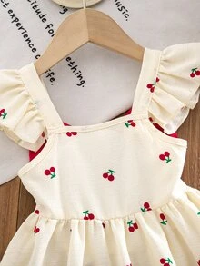 SHEIN LMoss Kids Babygirl Cute Colorblock Bow Print Flutter Sleeve Dress, Summer - Red - View 5