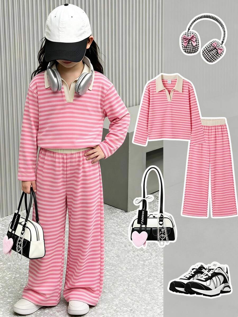 SHEIN Elladie kids 女童白色領口長袖上衣 + 鬆緊腰長褲套裝，柔軟休閒西式兒童兩件套，7歲生日禮物，秋季