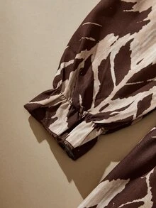 SHEIN 青少年女孩棕色花卉立領鬆身洋裝，植物圖案荷葉邊設計，長款主教袖，中長裙，休閒家庭優雅風 - 卡其色 - 查看 4