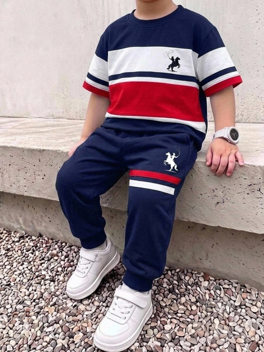 Young Boy Autumn New Kids Casual Minimalist Loose Comfortable Sporty Style Crew Neck Short Sleeve T-Shirt & Long Pants 2 Pieces Set - Multicolor - View 1