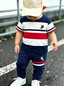 Young Boy Autumn New Kids Casual Minimalist Loose Comfortable Sporty Style Crew Neck Short Sleeve T-Shirt & Long Pants 2 Pieces Set - Multicolor - View 4