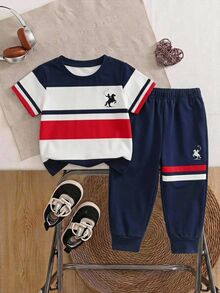 Young Boy Autumn New Kids Casual Minimalist Loose Comfortable Sporty Style Crew Neck Short Sleeve T-Shirt & Long Pants 2 Pieces Set - Multicolor - View 3