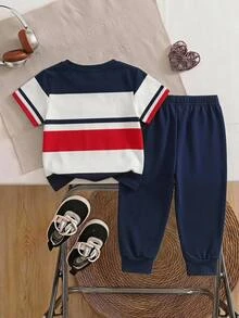 Young Boy Autumn New Kids Casual Minimalist Loose Comfortable Sporty Style Crew Neck Short Sleeve T-Shirt & Long Pants 2 Pieces Set - Multicolor - View 2
