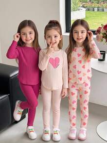 SHEIN 3 bộ 6 món đồ mặc thường ngày cho bé gái, áo dài tay gân và quần, họa tiết trái tim trơn, nhiều set phối đồ, mặc hàng ngày, sinh nhật 7 tuổi, mùa thu - Nhiều màu - Xem 1