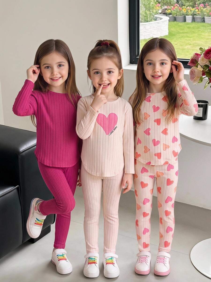 SHEIN 3 bộ 6 món đồ mặc thường ngày cho bé gái, áo dài tay gân và quần, họa tiết trái tim trơn, nhiều set phối đồ, mặc hàng ngày, sinh nhật 7 tuổi, mùa thu - Nhiều màu - Xem 1
