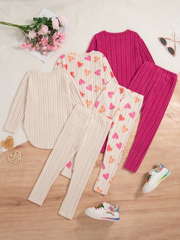 SHEIN 3 bộ 6 món đồ mặc thường ngày cho bé gái, áo dài tay gân và quần, họa tiết trái tim trơn, nhiều set phối đồ, mặc hàng ngày, sinh nhật 7 tuổi, mùa thu - Nhiều màu - Xem 2
