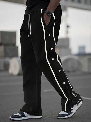 Manfinity Homme Men Contrast Tape Button Side Drawstring Waist Sweatpants