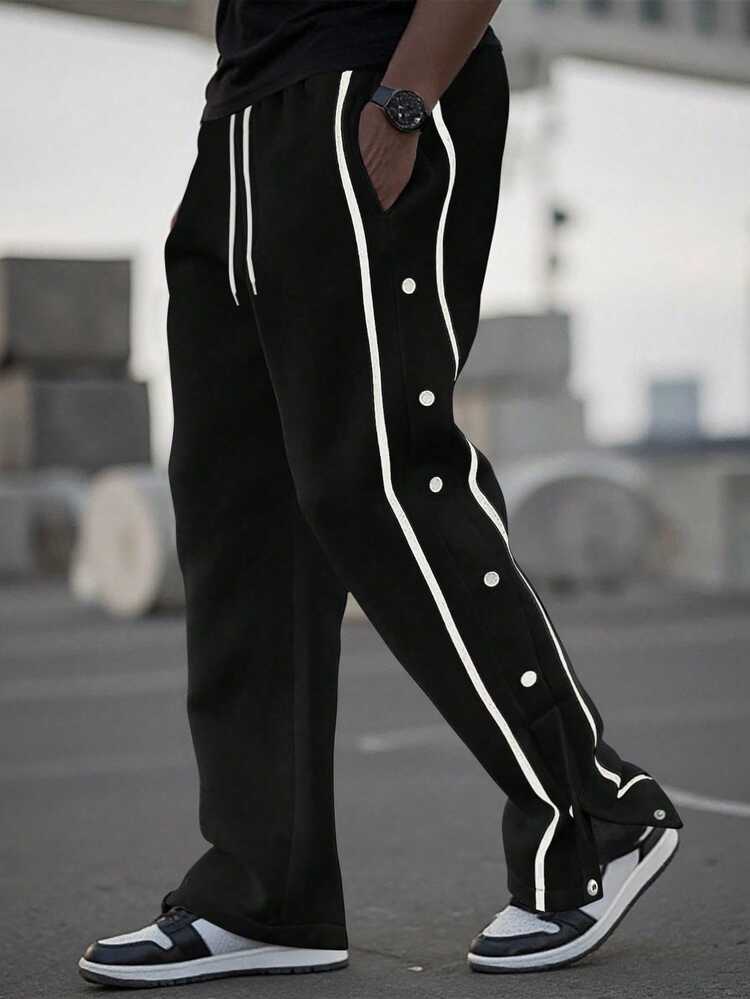 Manfinity Homme Men Contrast Tape Button Side Drawstring Waist Sweatpants - Black - View 1