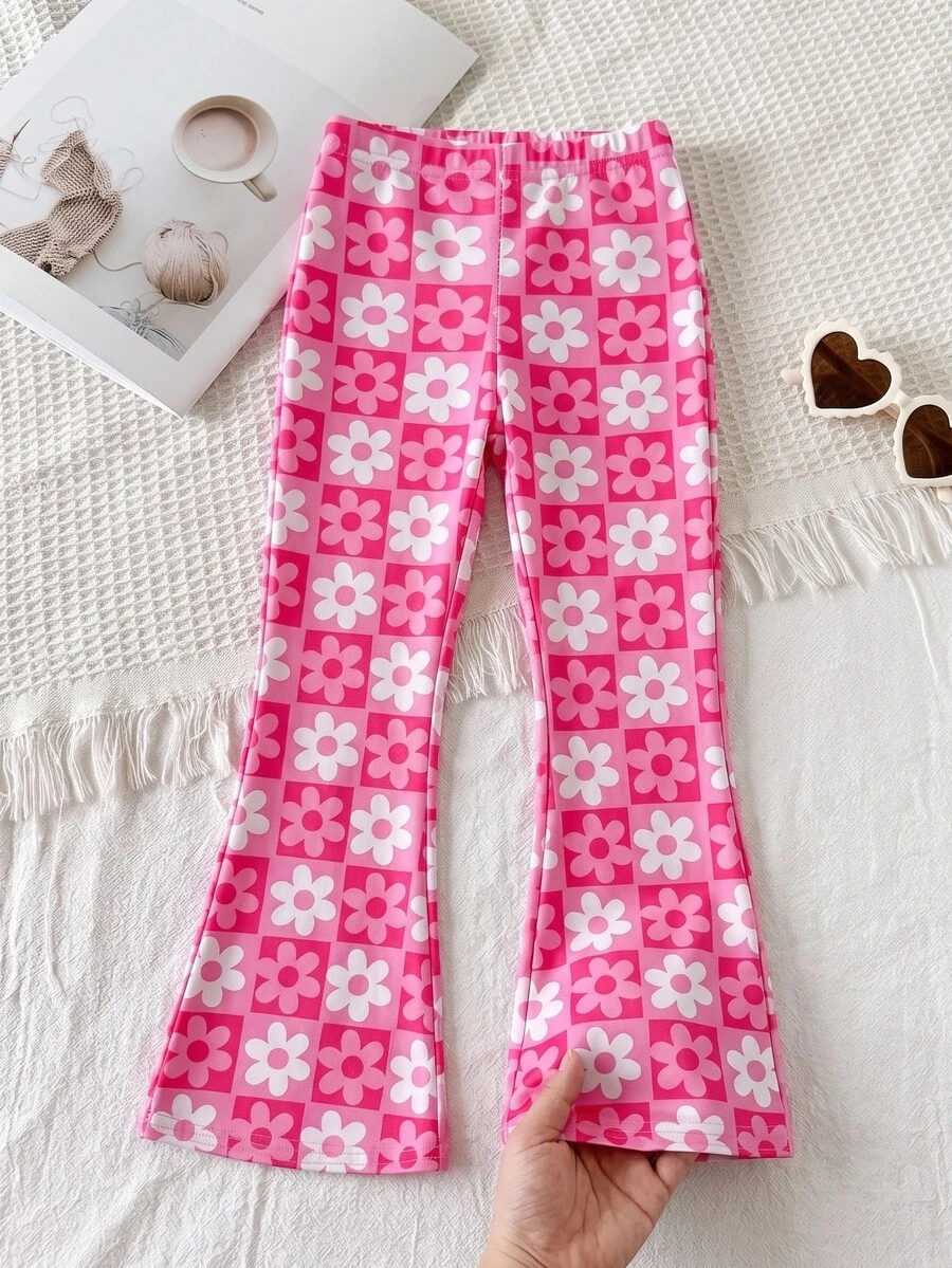 SHEIN Young Girls Fashion Animal Print Flare Pants, Casual Daily Wear, Fallrainbow Baby Shower - Pink - View 1
