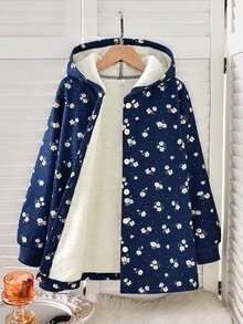 SHEIN 女童連帽厚抓絨復古碎花中長款秋冬外套 - 藏蓝色 - 查看 9