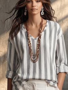 NostaNoir Fashion Casual Boho V-Neck Vertical Striped T-Shirt For Daily Wear Vacation Blue And White Stripe Fall - Multicolor - View 2