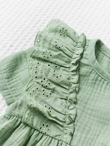 SHEIN 新生嬰兒女款白色純棉柔軟連身衣，蓮葉拼接和圓領設計 - 綠色 - 查看 4