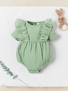 SHEIN 新生嬰兒女款白色純棉柔軟連身衣，蓮葉拼接和圓領設計 - 綠色 - 查看 2