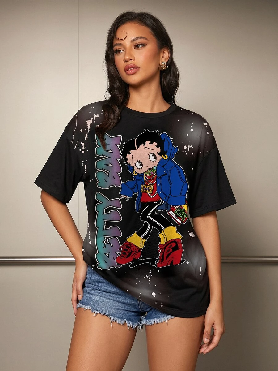 Betty Boop x SHEIN Betty Street Style Splatter English Print T-Shirt - White - View 1