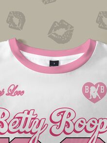Betty Boop x SHEIN Women's Letter Stripe Print Round Neck Short Sleeve Casual T-Shirt - White - View 6