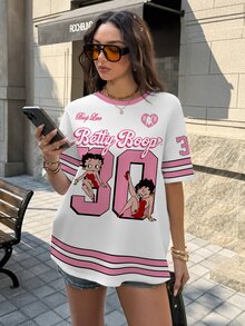 Betty Boop x SHEIN Women's Letter Stripe Print Round Neck Short Sleeve Casual T-Shirt - White - View 4