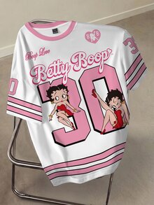 Betty Boop x SHEIN Women's Letter Stripe Print Round Neck Short Sleeve Casual T-Shirt - White - View 3