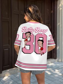 Betty Boop x SHEIN Women's Letter Stripe Print Round Neck Short Sleeve Casual T-Shirt - White - View 5