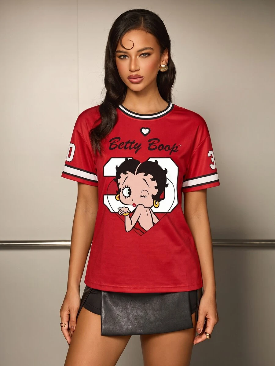 Betty Boop x SHEIN Women's Casual Cartoon Print Short Sleeve T-Shirt, Summer - White - View 1