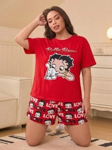 Betty Boop x SHEIN Plus Size Women's Short Sleeve T-Shirt And Shorts Pajama Set New Year's Eve Autumn Clothes - Red - View 1