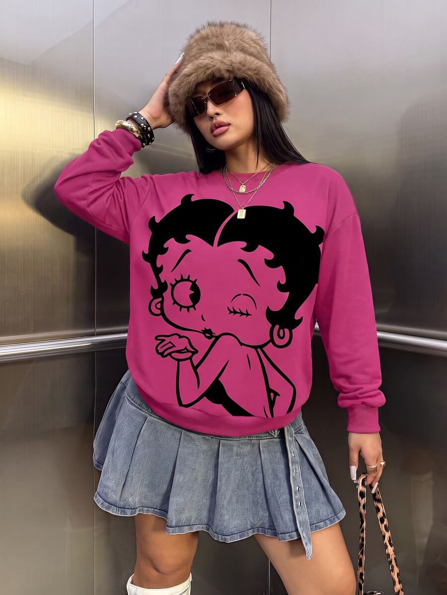 Betty Boop x SHEIN Plus Size Solid Pink Crew Neck Sweatshirt With Betty Character English Logo Print All-Over - White - View 1