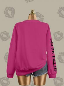 Betty Boop x SHEIN Plus Size Solid Pink Crew Neck Sweatshirt With Betty Character English Logo Print All-Over - White - View 5