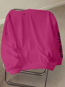 Betty Boop x SHEIN Plus Size Solid Pink Crew Neck Sweatshirt With Betty Character English Logo Print All-Over - White - View 2