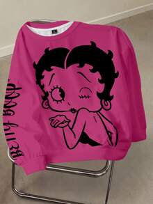 Betty Boop x SHEIN Plus Size Solid Pink Crew Neck Sweatshirt With Betty Character English Logo Print All-Over - White - View 4