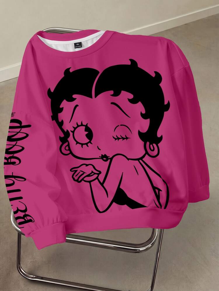 Betty Boop x SHEIN 大尺碼純粉色圓領運動衫，Betty角色英文Logo印花滿版 - 白色 - 查看 4