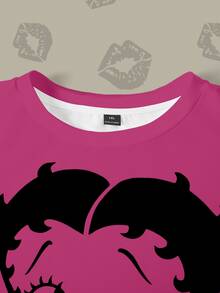 Betty Boop x SHEIN Plus Size Solid Pink Crew Neck Sweatshirt With Betty Character English Logo Print All-Over - White - View 6