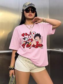 Betty Boop x SHEIN Plus Size Women's Letter Cartoon Print Casual Daily Short Sleeve T-Shirt - White - View 1