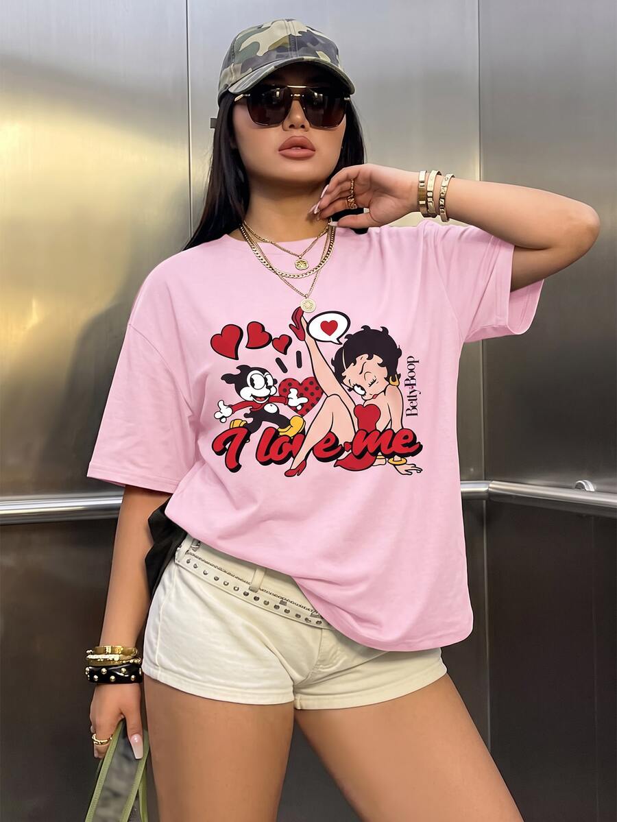 Betty Boop x SHEIN Plus Size Women's Letter Cartoon Print Casual Daily Short Sleeve T-Shirt - White - View 1