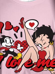 Betty Boop x SHEIN Plus Size Women's Letter Cartoon Print Casual Daily Short Sleeve T-Shirt - White - View 5