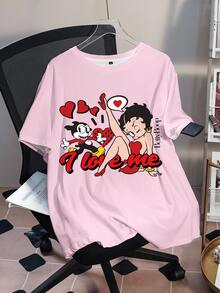 Betty Boop x SHEIN Plus Size Women's Letter Cartoon Print Casual Daily Short Sleeve T-Shirt - White - View 3